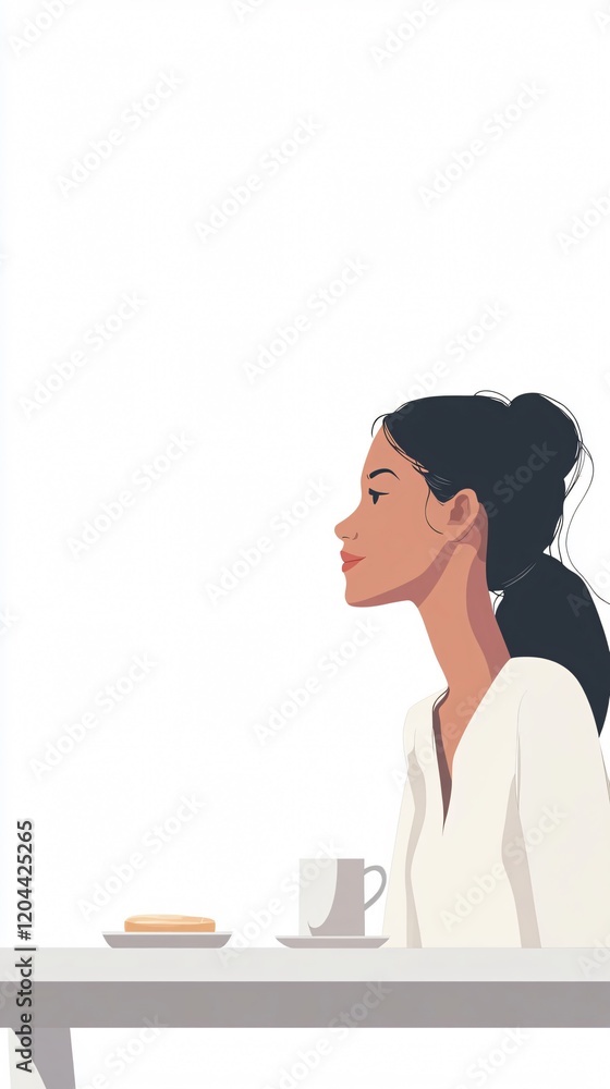 Serene morning: woman enjoying a quiet breakfast with coffee and toast. Minimalist art in soft colors, evoking a sense of peace and simple living. Serene morning: woman enjoying a quiet breakfast with coffee and toast. Minimalist art in soft colors, evoking a sense of peace and simple living.