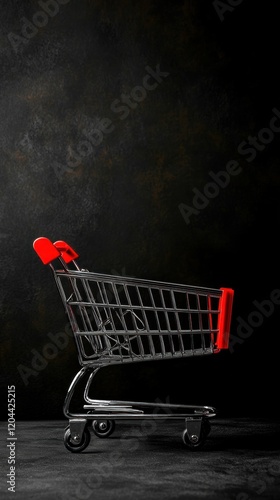 A shopping cart with red accents against a dark background, emphasizing retail and consumerism. photo