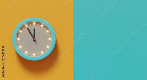 Blue wall clock against yellow and turquoise background photo