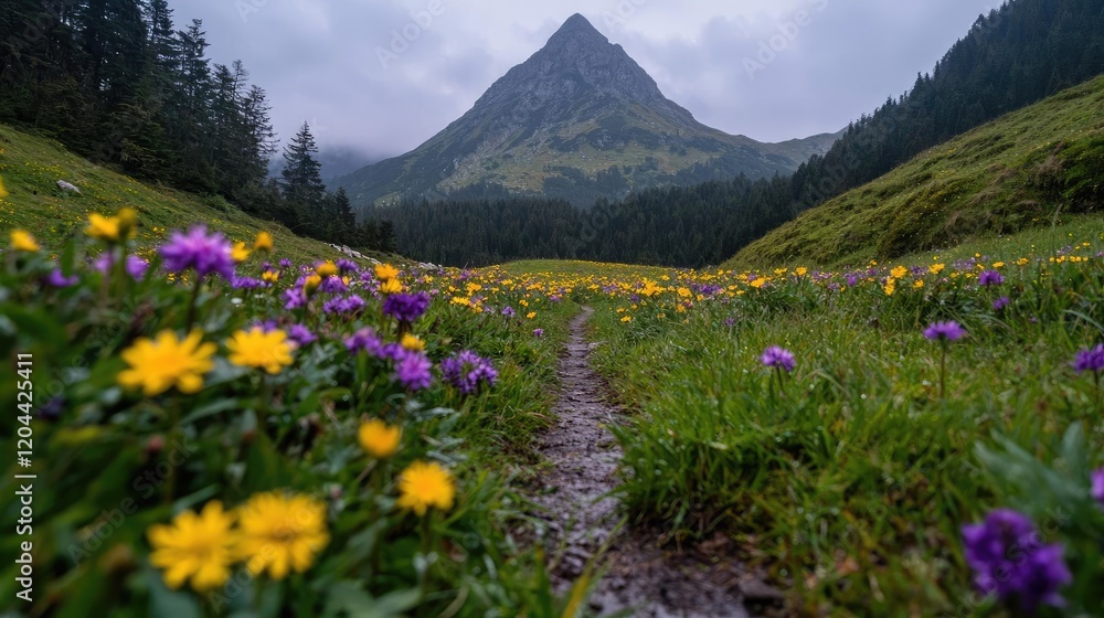 Obraz premium Yellow and purple wildflowers bloom along a narrow dirt path leading toward a majestic mountain peak under a cloudy sky.