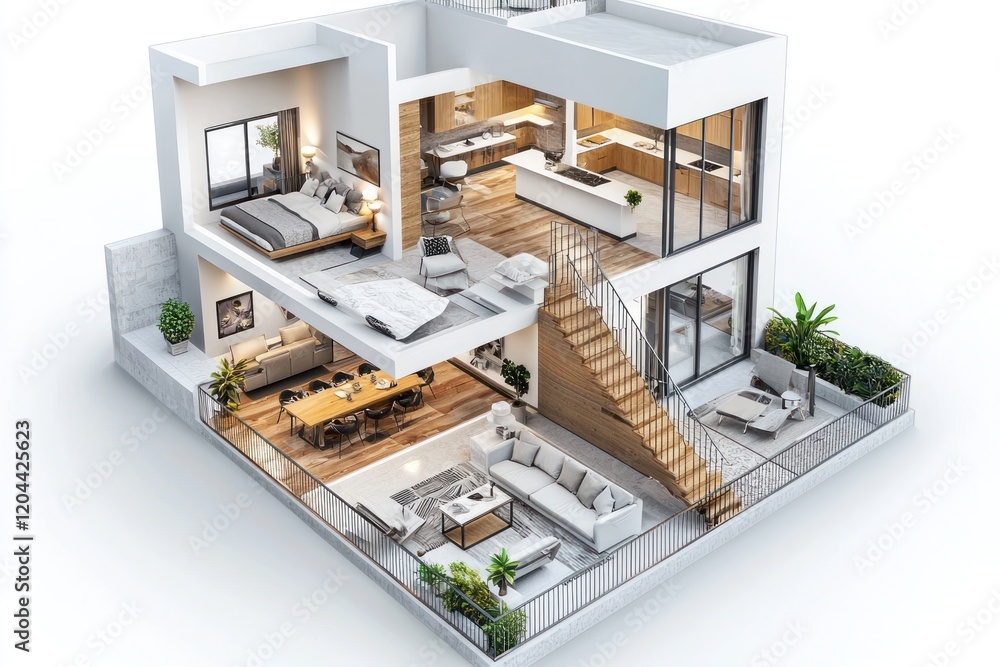 A furnished residential house in 3D render, showcasing the first-floor layout with living areas, dining room, and foyer A furnished residential house in 3D render, showcasing the first-floor layout with living areas, dining room, and foyer
