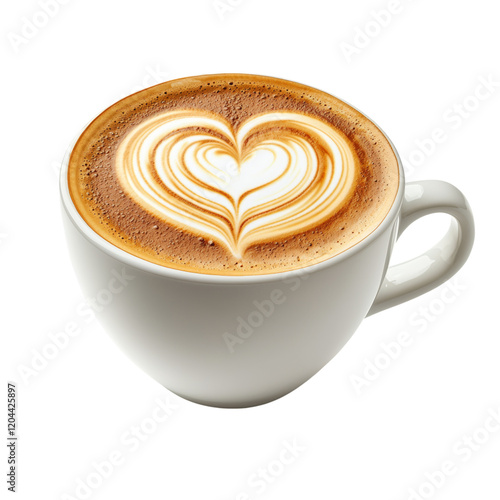 Heart-Shaped Latte Art in a White Ceramic Cup Isolated on transparent background