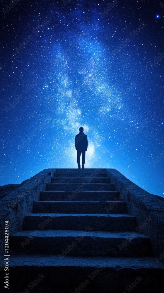 A silhouette of a person standing on stairs under a starry sky, evoking wonder and contemplation. A silhouette of a person standing on stairs under a starry sky, evoking wonder and contemplation.