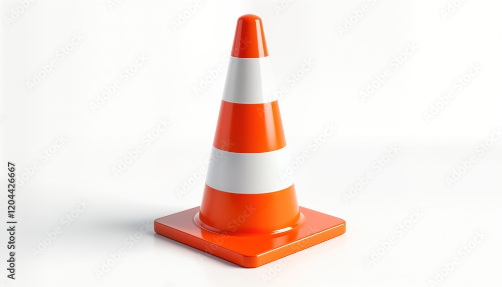 Orange traffic cone with white stripes stands on white background. Safety equipment for road construction. Symbol of caution, attention. Isolated object for various uses. 3D render available. Orange traffic cone with white stripes stands on white background. Safety equipment for road construction. Symbol of caution, attention. Isolated object for various uses. 3D render available.