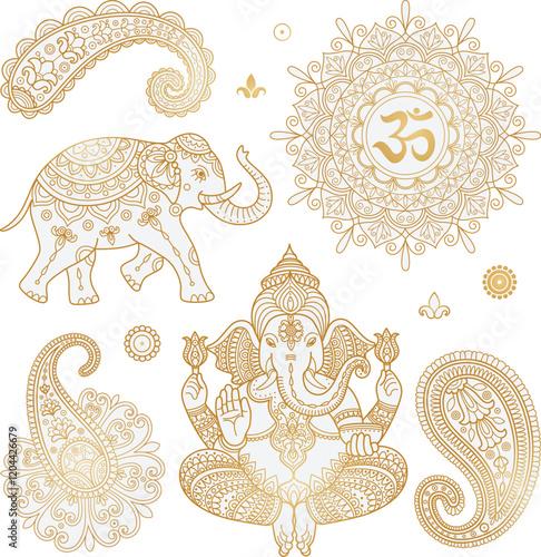 Indian vector clipart set with Ganesha, paisley, mandala, Indian elephant. Golden Hindi ornament. Indian pattern. Sanskrit. Lotus mandala

