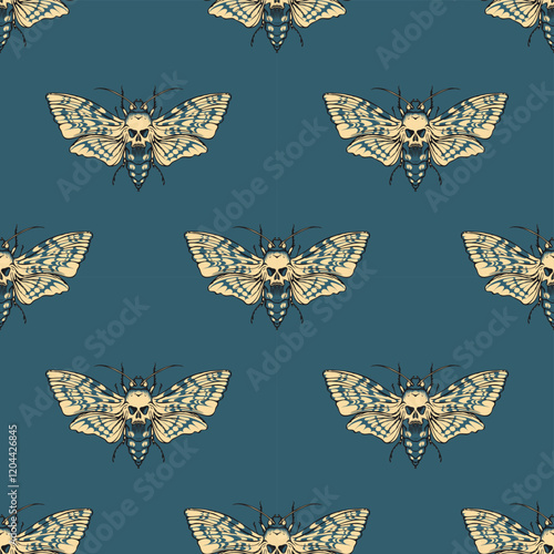 vector seamless pattern with a death's head butterfly on green background. Suitable for wallpaper, wrapping paper, fabric. Chinese hieroglyph Tea