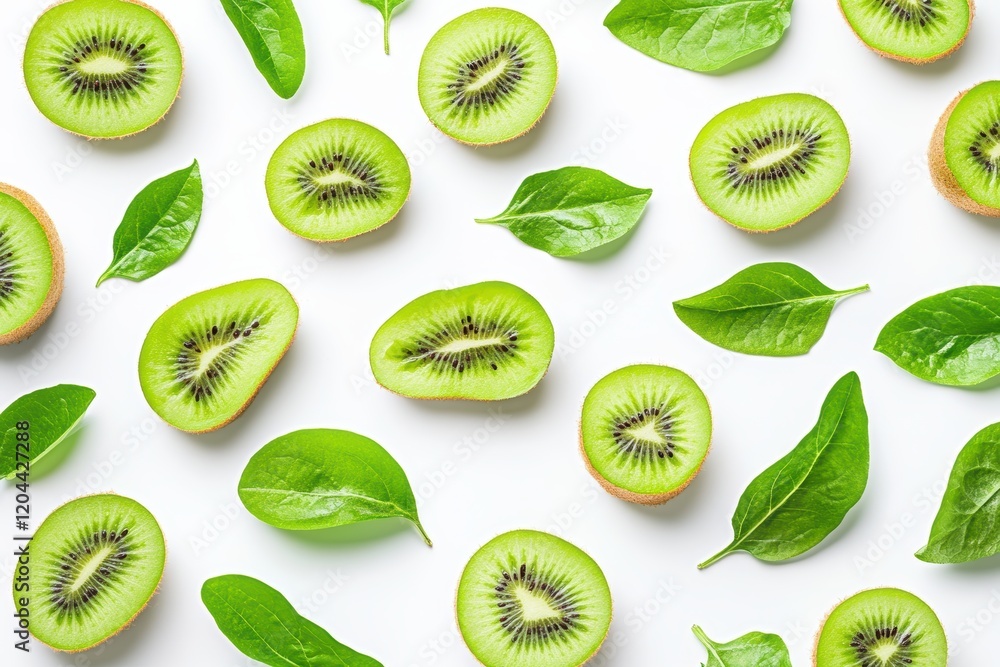 Fototapeta premium Green kiwi slices and green leaves scattered across a clean white background