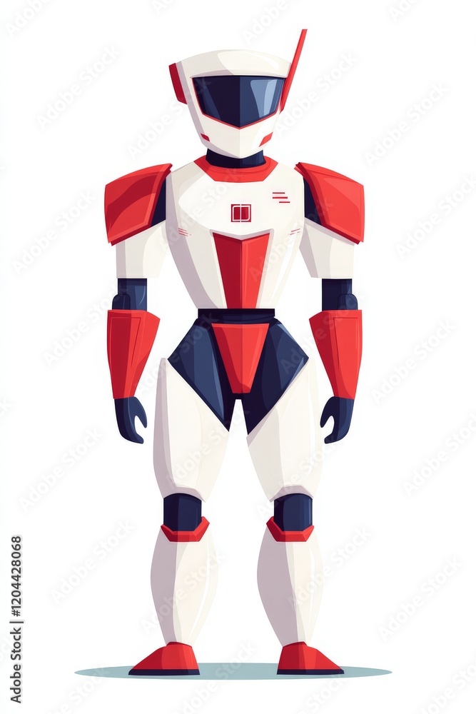 Futuristic humanoid robot with sleek red and white armor standing in a confident pose against a plain white background, showcasing advanced AI design, cybernetics, and technological innovation Futuristic humanoid robot with sleek red and white armor standing in a confident pose against a plain white background, showcasing advanced AI design, cybernetics, and technological innovation