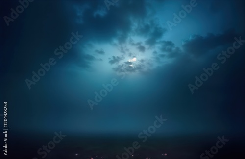 Fototapeta Naklejka Na Ścianę i Meble -  Dark night sky view with dramatic blue fog. Foggy night sky with stormy clouds creates mysterious, creepy atmosphere. View from above. Dramatic dark sky background. Realistic cinematic style. Ideal