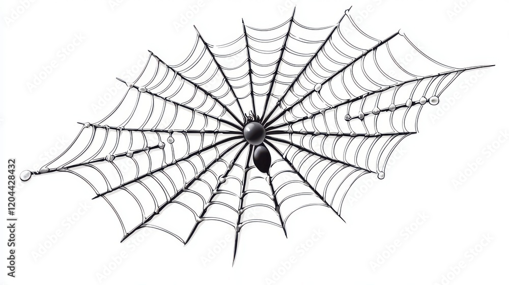 Obraz premium Intricate Black Spider Web with Raindrops on a Bright White Background Showcasing Nature's Geometry and Design