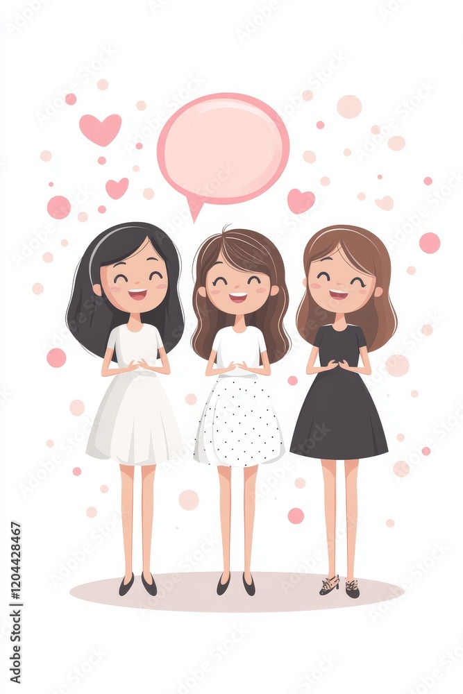 Cute cartoon illustration of three girls with different hairstyles wearing dresses, surrounded by pink hearts on a white background, symbolizing friendship and youthful charm Cute cartoon illustration of three girls with different hairstyles wearing dresses, surrounded by pink hearts on a white background, symbolizing friendship and youthful charm
