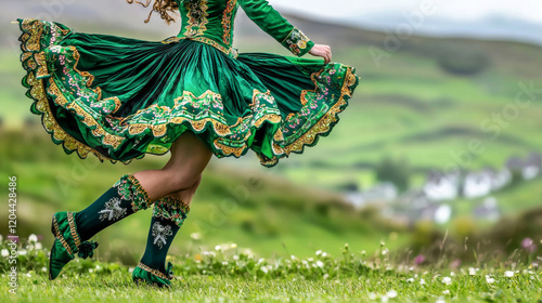 Irish Dancer Mid-Performance in Traditional Costume. Concept of Cultural Heritage, Celebration, and Traditional Dance. Saint Patrick's Day. Copy space photo