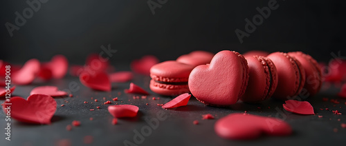 Macaron Coeur rouge isolé sur fond noir et ses petals de rose photo