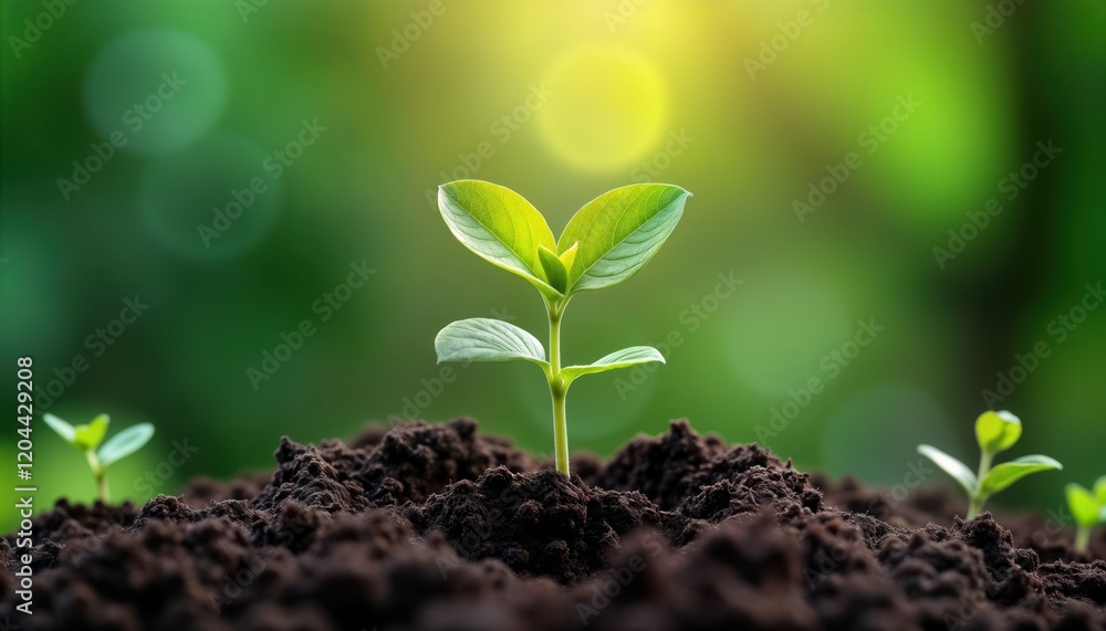 Small plant sprouts from heart-shaped soil. Young plant growing in dark rich soil with bokeh green background. Nature scene shows life, growth. Fresh sprout emerges from earth. Concept of life, Small plant sprouts from heart-shaped soil. Young plant growing in dark rich soil with bokeh green background. Nature scene shows life, growth. Fresh sprout emerges from earth. Concept of life,