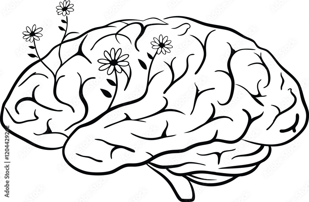 Intricate Human Brain Line Art with Floral and Vine Arteries Vector Design Intricate Human Brain Line Art with Floral and Vine Arteries Vector Design