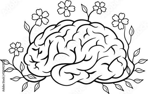 sketch of brain Human Brain with Vines and Floral Arteries Line Art Vector Illustration