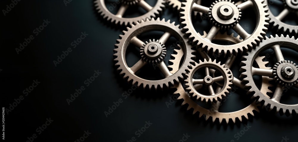 Close-up view of interconnected gears. Complex machinery parts connect precisely. Industrial design. Metallic cogs. Mechanical system. Engine concept. Old-style tech. Precise engineering. Background Close-up view of interconnected gears. Complex machinery parts connect precisely. Industrial design. Metallic cogs. Mechanical system. Engine concept. Old-style tech. Precise engineering. Background