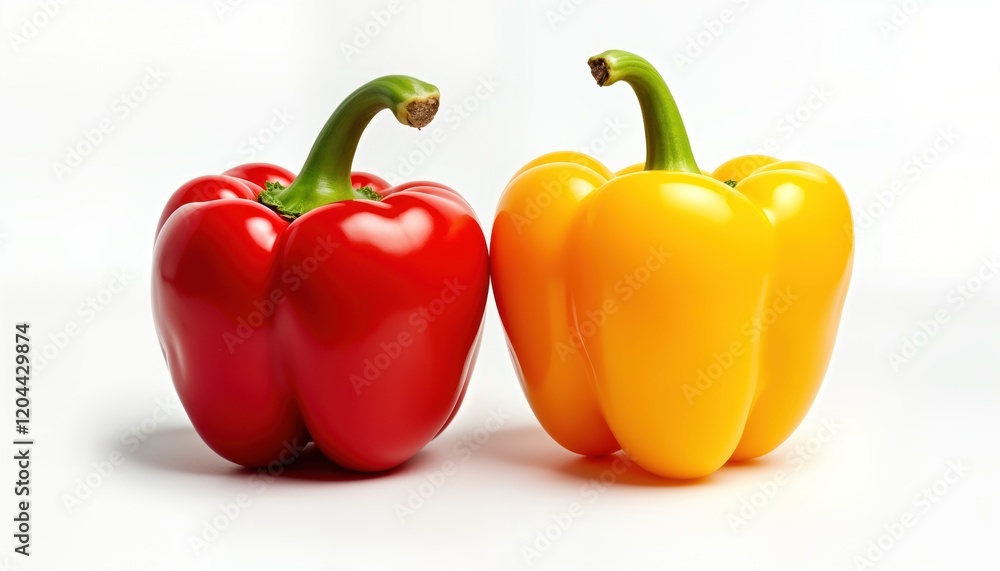 Two bell peppers red, yellow isolated on transparent background. Fresh ripe vegetables highlighted. Healthy food ingredient for diet. Colorful vibrant display of fresh produce suitable for grocery Two bell peppers red, yellow isolated on transparent background. Fresh ripe vegetables highlighted. Healthy food ingredient for diet. Colorful vibrant display of fresh produce suitable for grocery