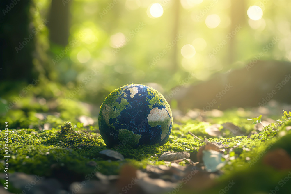 A small moss covered globe resting on a bed of green moss and leave with sunlight A small moss covered globe resting on a bed of green moss and leave with sunlight