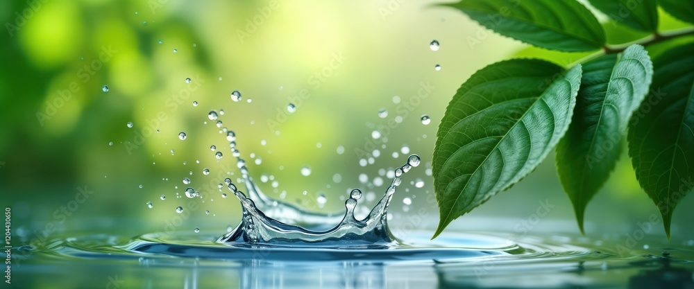Fresh water splash on surface with green leaves in background. Water droplet splash shows motion, purity. Clean water drops on wet leaf. Nature scene. Image suitable for eco products health food Fresh water splash on surface with green leaves in background. Water droplet splash shows motion, purity. Clean water drops on wet leaf. Nature scene. Image suitable for eco products health food