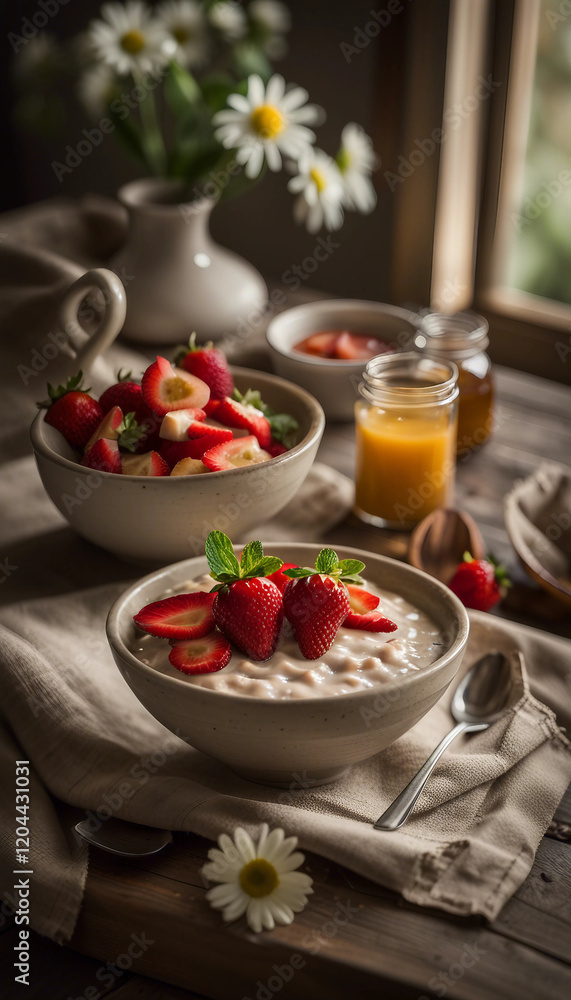 A delicious and nutritious breakfast featuring oats, fresh strawberries, and banana slices, accompanied by milk, yogurt, and wooden tableware for a hearty morning meal.
A delicious and nutritious breakfast featuring oats, fresh strawberries, and banana slices, accompanied by milk, yogurt, and wooden tableware for a hearty morning meal.