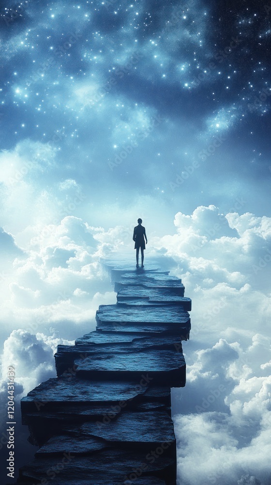 A solitary figure walks up a stairway through clouds towards a starry sky, symbolizing aspiration. A solitary figure walks up a stairway through clouds towards a starry sky, symbolizing aspiration.