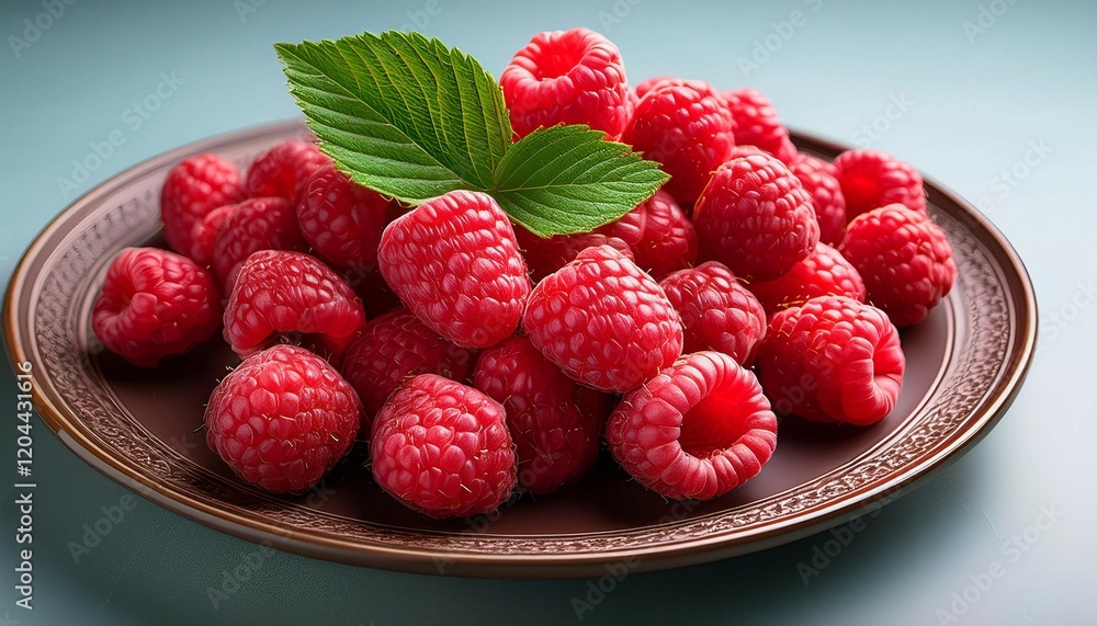 a plate of raspberries with a leaf a plate of raspberries with a leaf