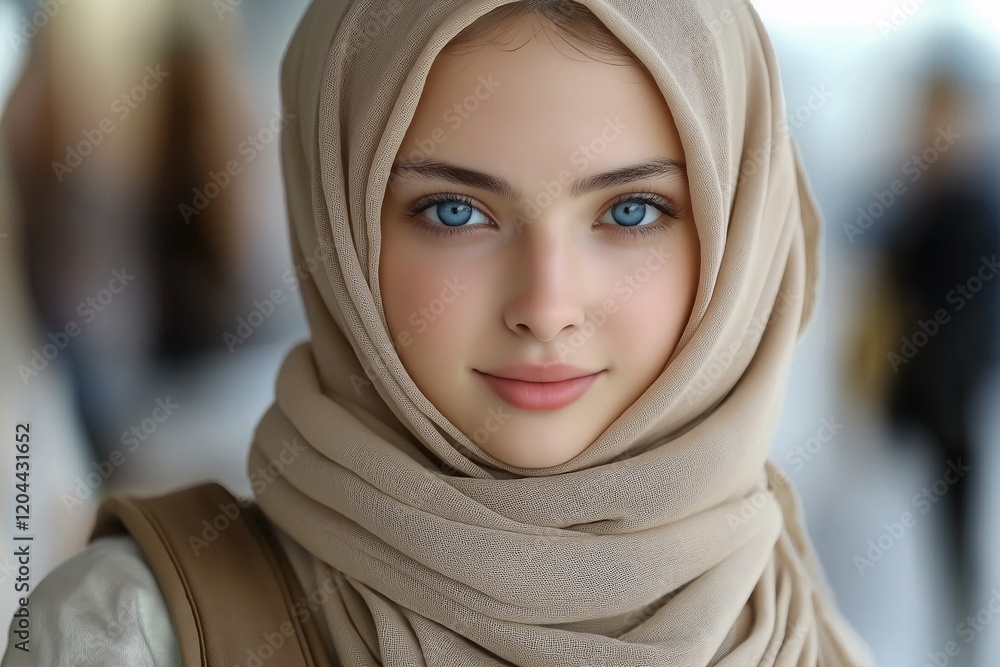 Full-Length Portrait of Woman in Beige Hijab with Shoulder Bag Full-Length Portrait of Woman in Beige Hijab with Shoulder Bag
