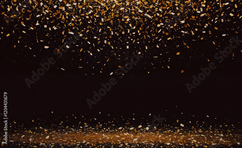 A black background with gold confetti falling from the sky. The confetti is scattered all over the background, creating a festive and celebratory atmosphere photo