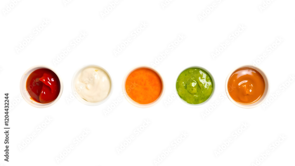 colorful selection of sauces and condiments in small bowls arranged on a transparent background