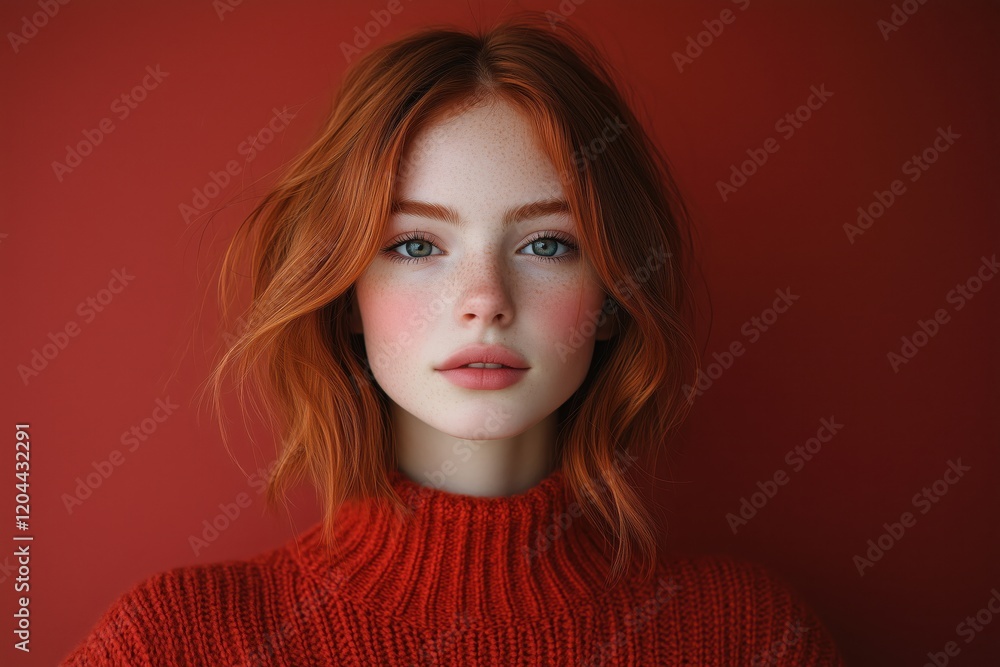Red head woman with a bob haircut wearing a soft brown sweater against a solid background Red head woman with a bob haircut wearing a soft brown sweater against a solid background