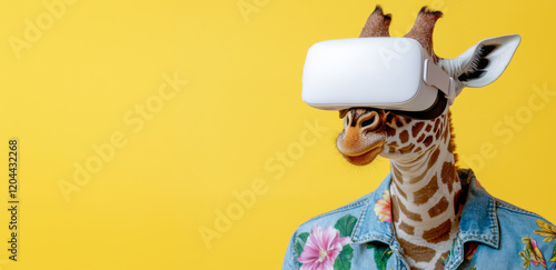 Giraffe with White VR Headset on Yellow Background: Funny Animal with Virtual Reality Headset and Hawaiian Jeans Shirt on Vibrant Yellow Backdrop - Banner with Copy Space