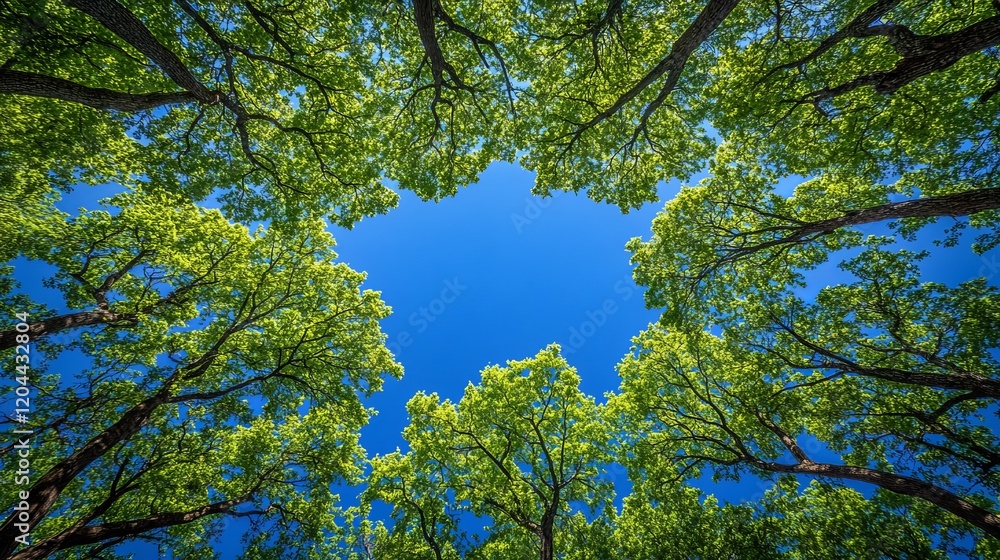 Fototapeta premium Upward View of Lush Forest Canopy with Vibrant Green Leaves, Circular Blue Sky Opening, and Sunlight Filtering Through Tall Trees in a Serene Woodland Scene