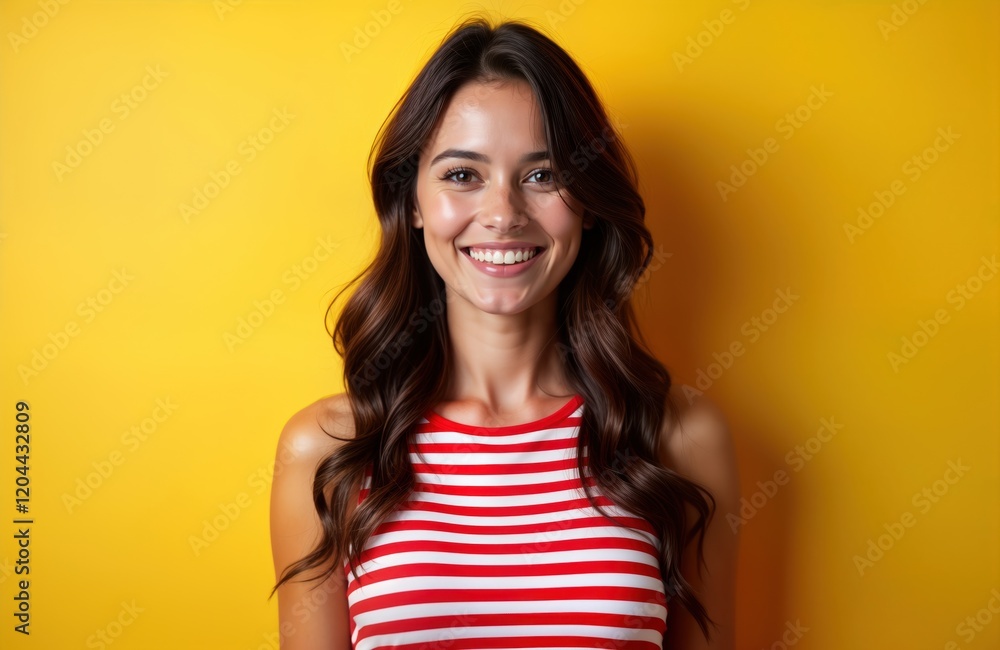 Young happy Latin woman smiles cheerfully in front of bright yellow background. Casual attire in red, white striped top. Portrait style. Latin American vibes. Smiling female portrait. Great for Young happy Latin woman smiles cheerfully in front of bright yellow background. Casual attire in red, white striped top. Portrait style. Latin American vibes. Smiling female portrait. Great for