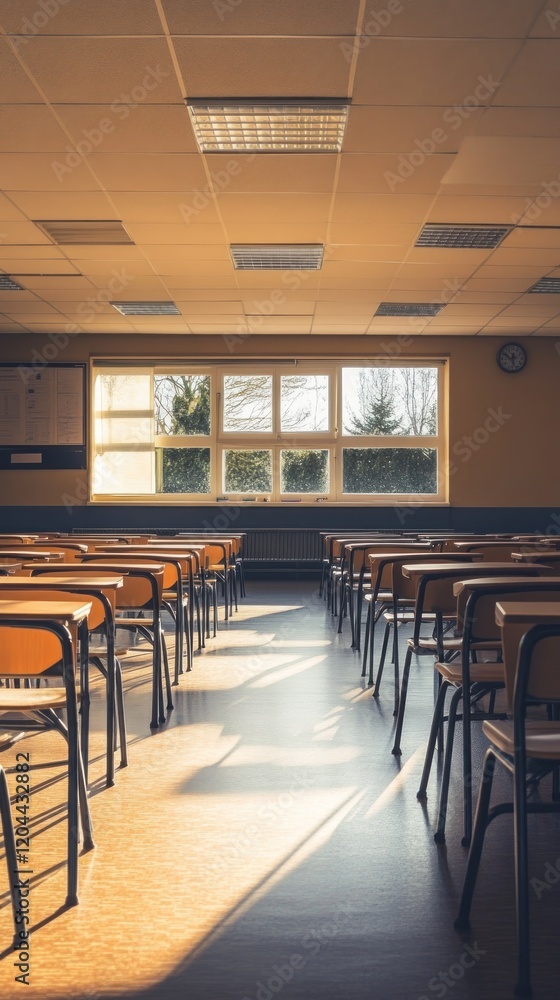 A sunlit classroom with empty desks and large windows showcasing a peaceful atmosphere. A sunlit classroom with empty desks and large windows showcasing a peaceful atmosphere.