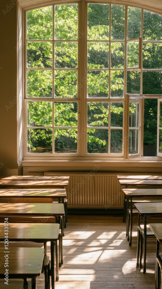 A sunlit classroom with wooden desks and large windows overlooking greenery. A sunlit classroom with wooden desks and large windows overlooking greenery.
