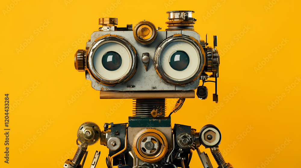 Steampunk-style robot made from various tools and mechanical parts, standing against a yellow background. Vintage Robot. Illustration Steampunk-style robot made from various tools and mechanical parts, standing against a yellow background. Vintage Robot. Illustration