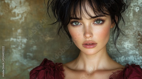 Portrait of a young woman with striking green eyes and soft makeup against a textured background