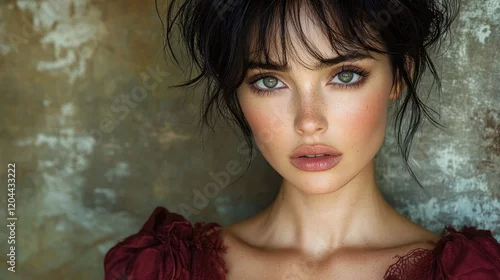 Fototapeta samoprzylepna Portrait of a young woman with striking green eyes and soft makeup against a textured background