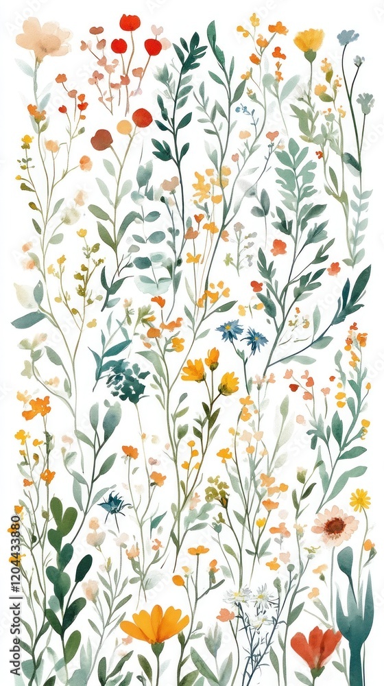 A vibrant illustration of various wildflowers and greenery, showcasing nature's beauty. A vibrant illustration of various wildflowers and greenery, showcasing nature's beauty.