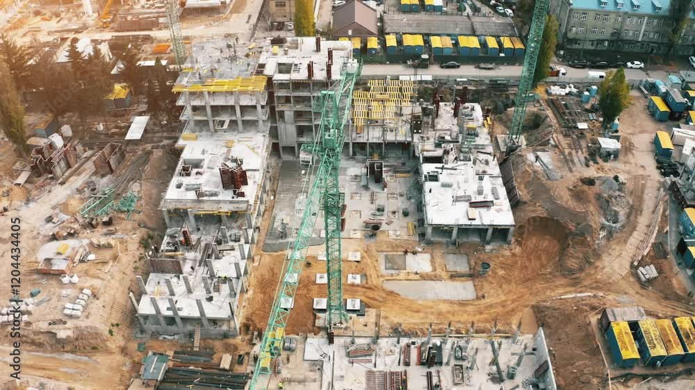 Construction progress of a large building complex with cranes in the city during daytime Construction progress of a large building complex with cranes in the city during daytime