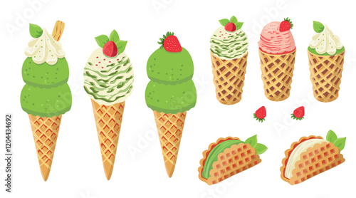 Vector illustration of matcha ice cream. Set of ice cream on a stick and waffle cone. Taiyaki with matcha ice cream and strawberry. For menu design, culinary blogs, printed publications and postcards.