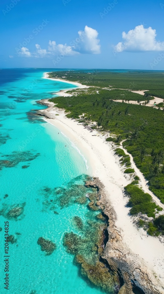 Aerial view of a pristine tropical beach with turquoise waters and lush greenery. Aerial view of a pristine tropical beach with turquoise waters and lush greenery.
