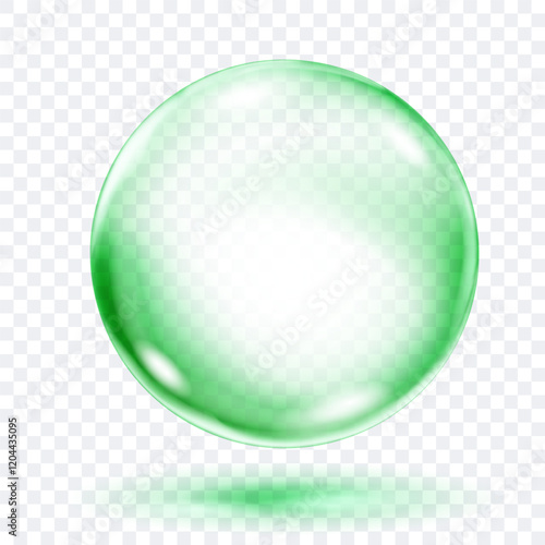A single, translucent smooth green sphere floating with a subtle shadow beneath it, on transparent background. Vector illustration for design projects and creative works.