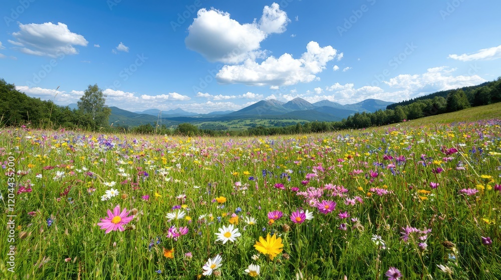 Vibrant Wildflower Meadow, Mountain View, Summer Day Vibrant Wildflower Meadow, Mountain View, Summer Day