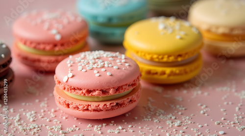 Diagonale de macarons français sur fond rose  photo