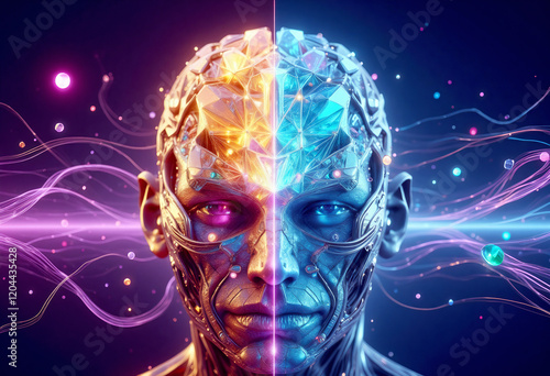 Futuristic Cyborg with Split Neural Design and Vibrant Digital Streams