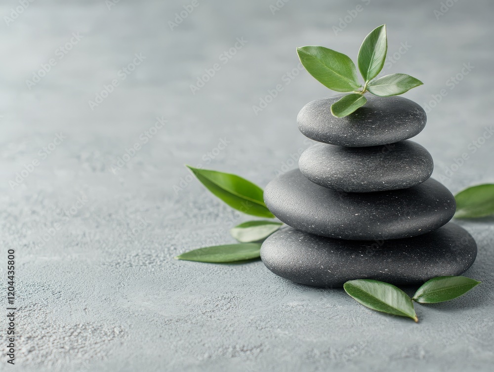 Balanced stack of smooth black stones with green leaves on gray textured background, representing peace, balance, and mindfulness in minimalist spa photography Balanced stack of smooth black stones with green leaves on gray textured background, representing peace, balance, and mindfulness in minimalist spa photography
