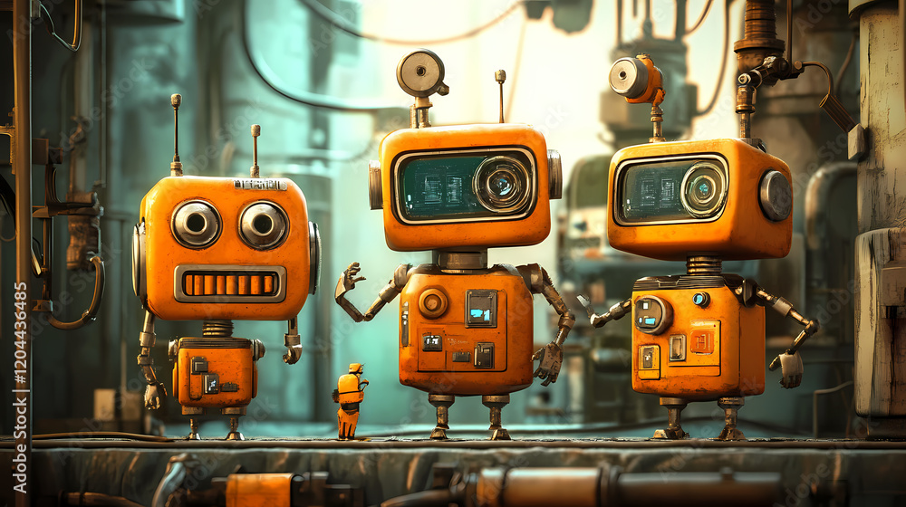 Fototapeta premium A group of analog robots in retro style. Vintage Robot. Illustration