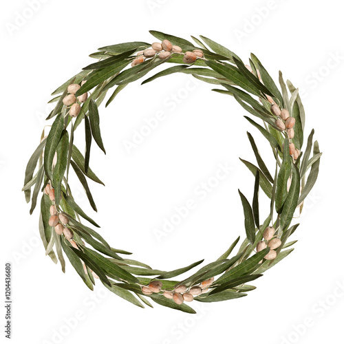 Wreath (round frame) of Elaeagnus angustifolia branches with fruits isolated on white background. Design element for postcards, collages, floral arrangements, frames. photo